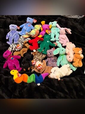 TY Beanie Babies Assorted Plush Lot - Rainbow, Green, Pink, Blue, Red, Purple